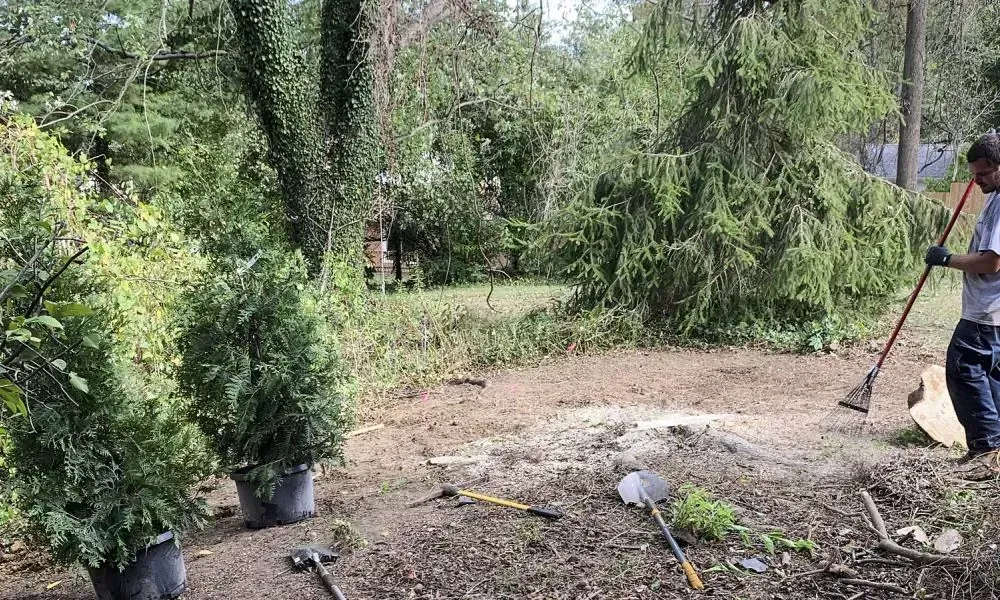 A professional worker is busy clearing the lawn ground with several other tools placed nearby and
